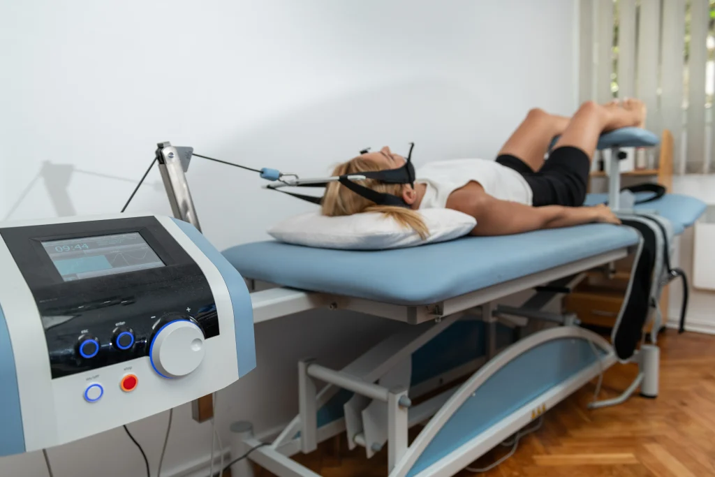Persona recostada conectada a una máquina, realizándose una descompresión espinal