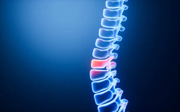 Columna vertebral ilustrada con una zona lumbar marcada en rojo, signo frecuente de la condición inflamatoria llamada spondylitis