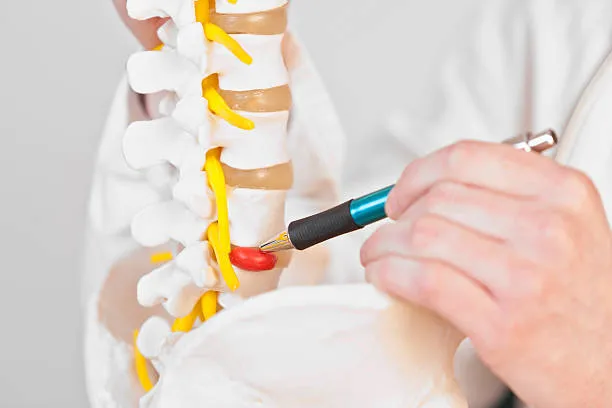 Doctor señalando en un modelo de esqueleto una zona con degeneracion discal, explicando el deterioro del disco y cómo afecta la columna, la movilidad y genera dolor progresivo.
