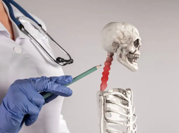 Esqueleto con zona cervical marcada en rojo mientras un doctor explica los efectos de hernia cervical, mostrando el área afectada y su impacto en nervios y movilidad.